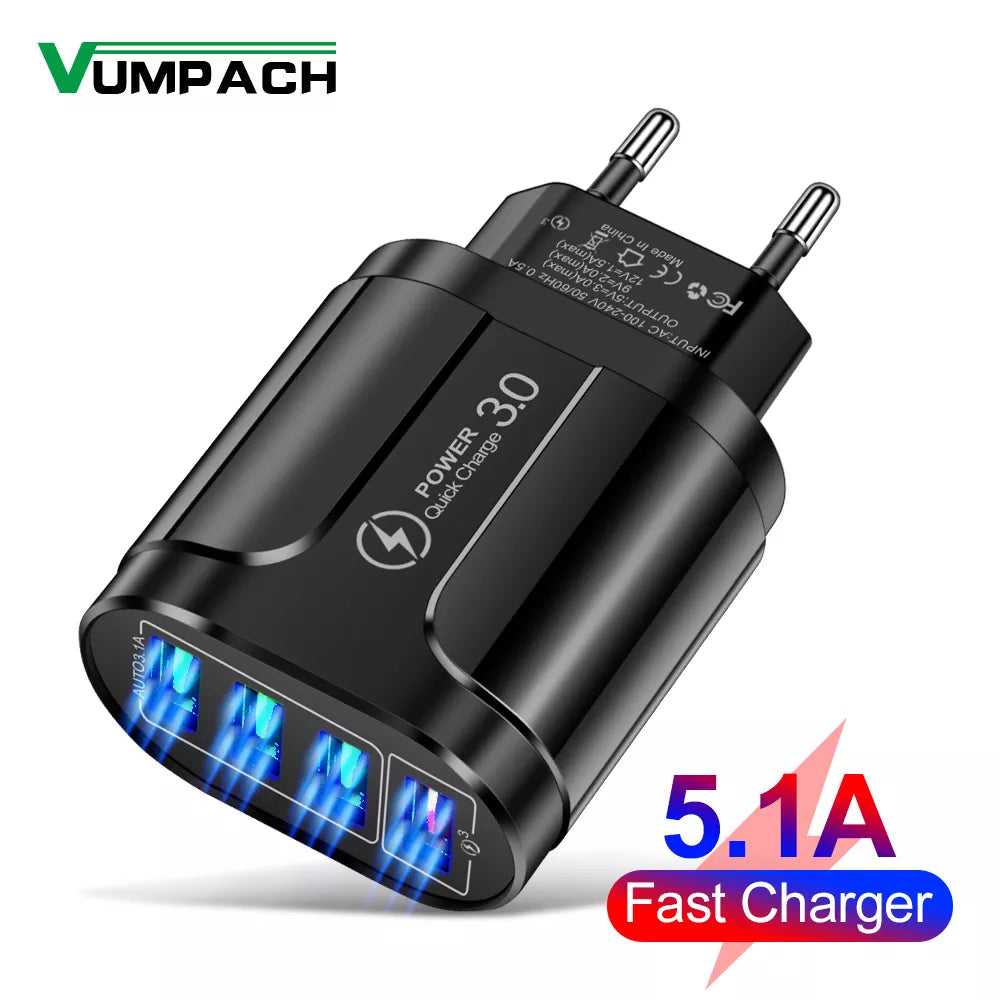 4 USB 45W USB Charger Fast Charge QC 3.0 Wall Charging For iPhone 12 11 Samsung Xiaomi Mobile 4 Ports EU US Plug Adapter Travel